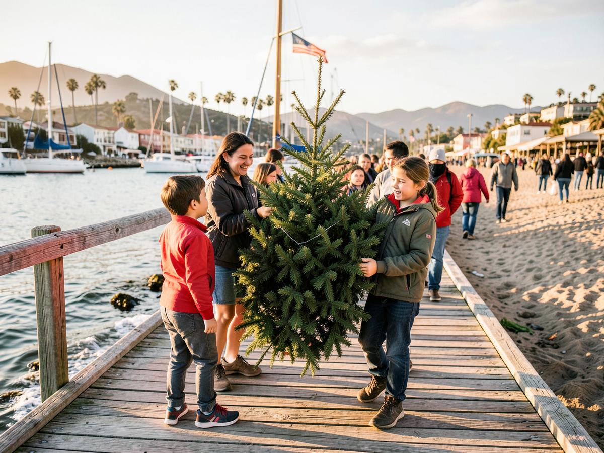 Families carrying a Christmas tree along the Cayucos pier